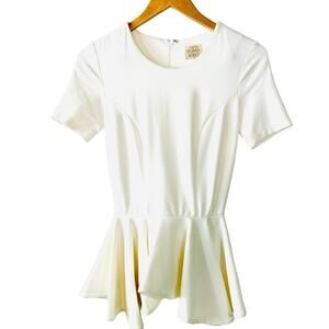 Ronny Kobo White/OffWhite/Ecru Peplum Short Sleeve Blouse XS